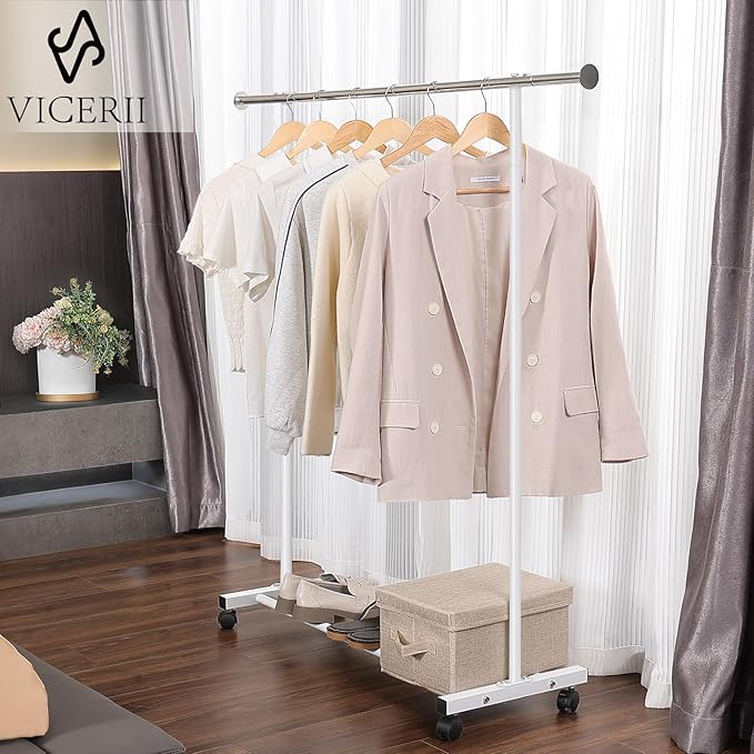 Clothes Rack, 130LB Capacity Heavy Duty Clothing Rack with Wheels and Bottom Shelf, 52.17 Inch Rolling Racks for Hanging Clothes, Coats, Shirts, Sweaters, Skirts, Dress, White