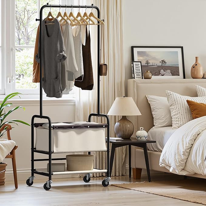 StorageWorks Laundry Cart with Hanging Rack, Rolling Laundry Hamper, Laundry Basket with Wheels, Laundry Room Clothes Sorter Storage Basket and Shelf, Beige