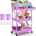 Goovilla 3 Tier Rolling Utility Cart Organizer with Removable Drawer, Stable and Sturdy Purple Rolling Storage Carts with 2 Lockable Wheels for Bathroom, Kitchen, Snack, Craft, Makeup, Baby Essentials