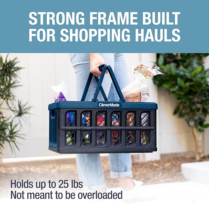 CleverMade Collapsible Shopping Basket with Handles – 24L 3 Pack Collapsible Grocery Tote, Plastic Storage Baskets Fold Flat, Stackable Collapsible Storage Bins for Car & Home - Obsidian