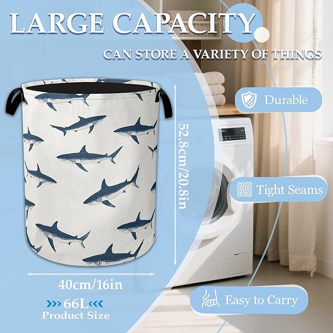 Blue Shark Ocean Laundry Basket Collapsible Laundry Hamper with Handle, Portable Clothes Toy Storage Bin for Bathroom Bedroom Room Decor, Gift Basket 16" X 20.8"