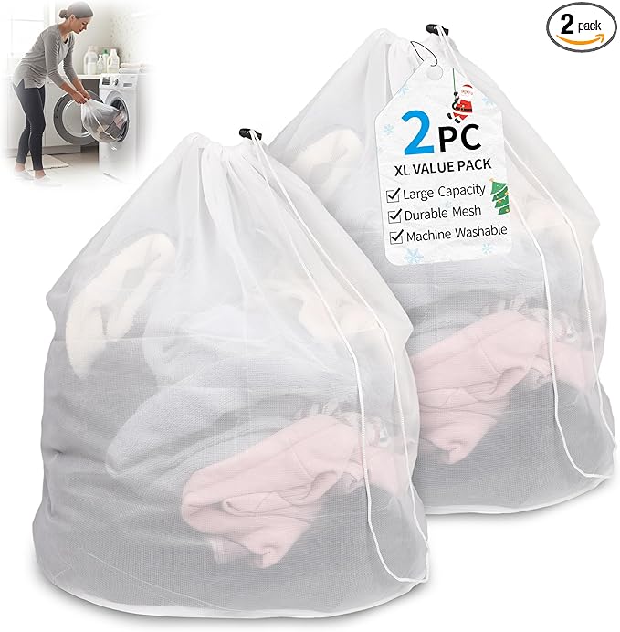 2-Pack Drawstring Mesh Laundry Bags, 24x31 Inches, Extra-Large Heavy Duty Laundry Net Bag, Breathable Mesh for Delicates, Protect Clothes in Washing Machine, Travel/Dorm/Sports/Family, White, Washable