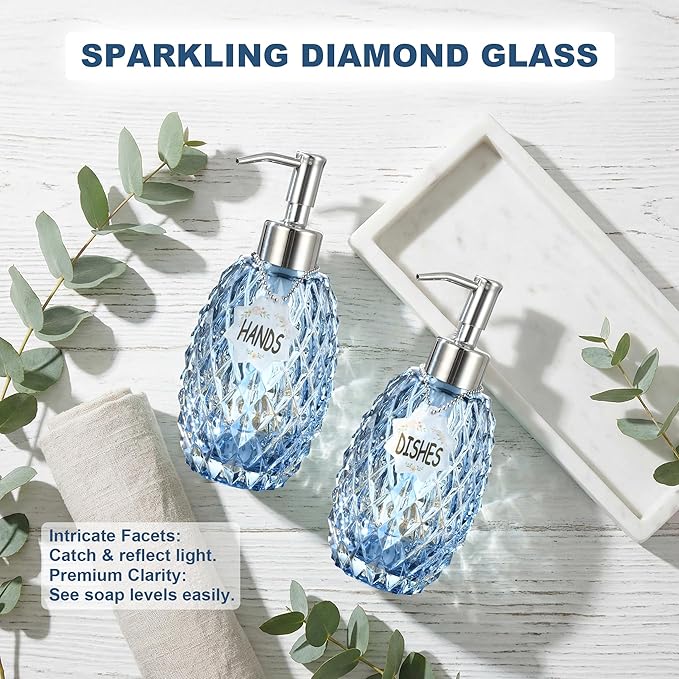 MALACHI Soap Dispenser Set, Crystal-Textured Diamond Glass with Rustproof Stainless Steel Pump, Dual-Labelled Hand & Dish Soap Dispenser for Kitchen & Bathroom