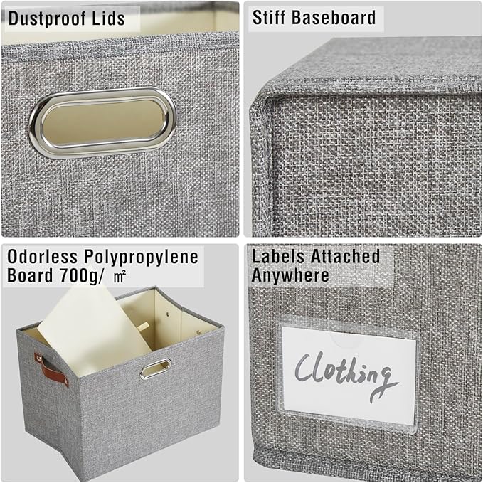 15" Large Collapsible Storage Bins with Lids, Stackable Closet Organizers with PU Handle and Labels, 3-Pack Decorative Fabric Storage Boxes for Home, Bedroom, Closet, Office, Nursery(Gray)