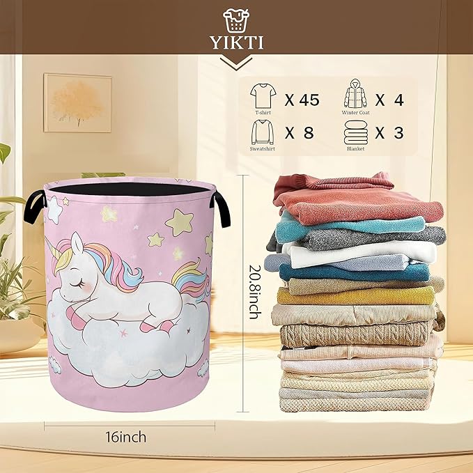 Laundry Hamper,Cute Unicorn Laundry Basket,Girls Pink Stars Portable Collapsible Laundry Room Organization Storage for Dorm Room,Nursery,Bathroom,Bedroom,16x20 Inch