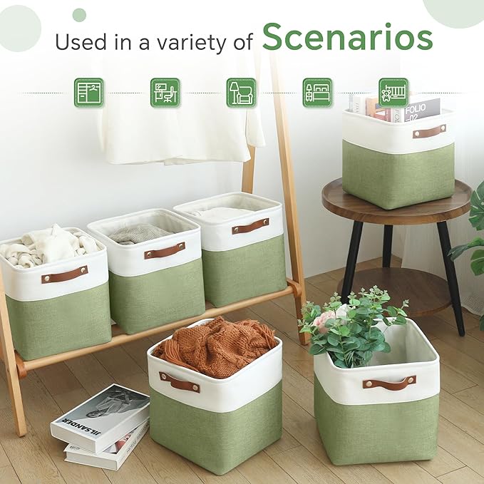Cube Storage Baskets 6 Pack, 11x11 inch Cube Storage Bins with Leather Handles for Shelf Closet (White/ Green)