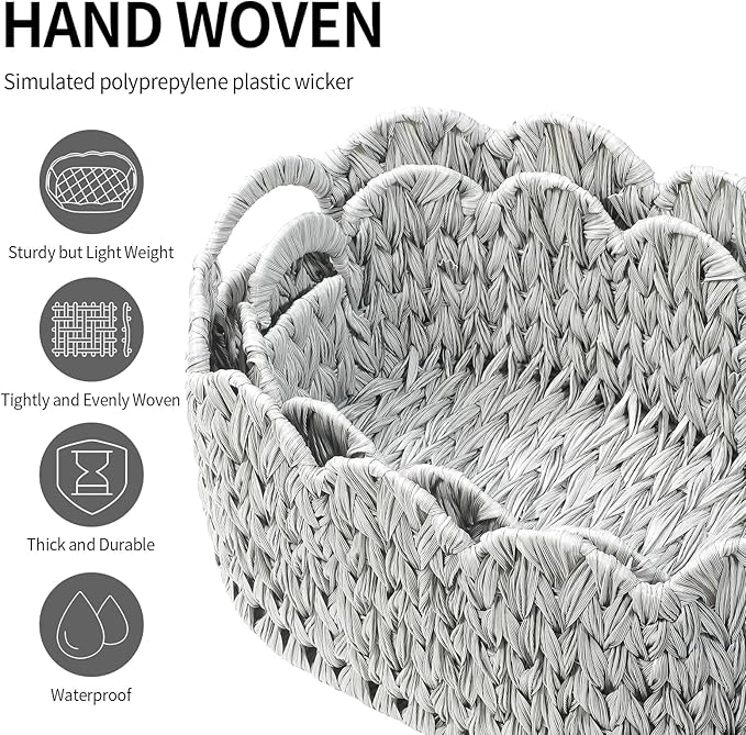 Wicker Scalloped Basket Set of 2,Woven Storage Baskets for Shelves,Closet,Laundry,Gift,Towels,Books,Toys,Waterproof Cute Decor Basket for Organizing,Grey