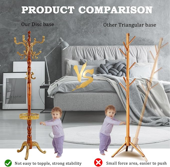 Coat Racks FreeStanding with 14 Hooks, Natural Wood Coat Rack with Solid Round Base, Adjustable Height Coat Racks, Easy Assembly for Hallway, Bedroom and Office (Begonia color-Tray)