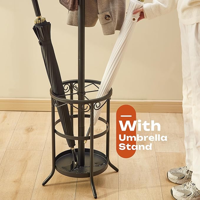 GHWIE Freestanding Coat Rack Stand with Umbrella Holder and Hat Hanger Organizer Rack