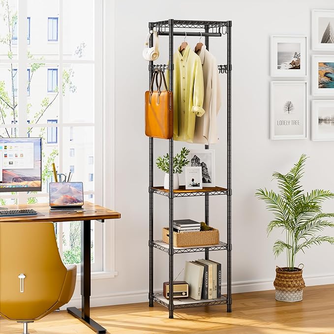 R1 Black & R1 White Coat Rack Freestanding, Hall Tree with 4 Storage Shelves and 16 Hooks, Coat Rack Stand with Shelves, Small Clothes Rack Organizer for Entryway, Hallway, Bedroom, Office