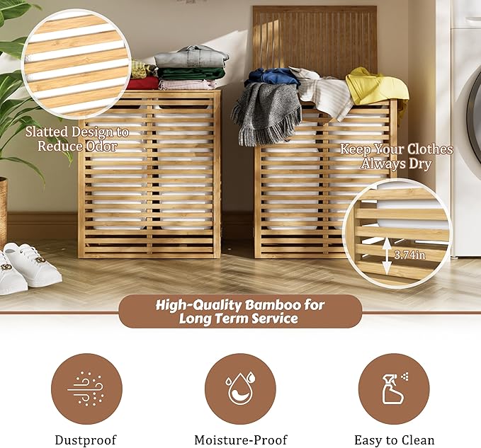 VEIKOU Hamper with Lid, Bamboo Laundry Hamper 2 Compartment, Divider Dirty Clothes Hamper, 120L Large Foldable Laundry Hamper with Removable Liners Bags