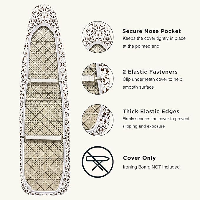 Ironing Board Cover and Pad 15"x54" Extra Thick Natural Cotton, Scorch and Stain Resistant Padding, Standard Size Iron Board Cover with Fasteners Heavy Duty Elastic Edge, Heatproof Taupe