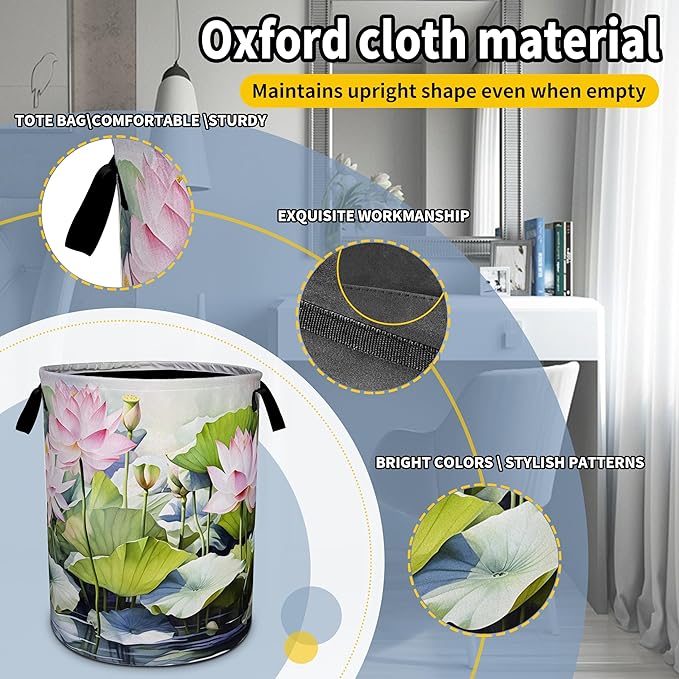 Lotus Laundry Basket Beautiful Flowers Foldable Oxford Cloth Funny Tote Bag Laundry Hamper Clothes Storage Bucket Toy Organizer For Bathroom/Laundry Storage/Bedroom 18.9x16.5 Inch