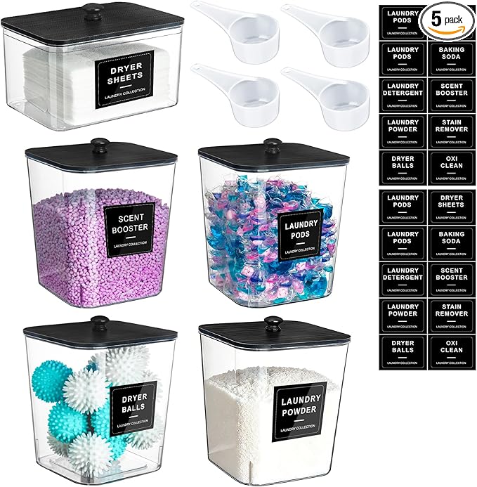 5 Pack Laundry Pods Container, Clear Laundry Room Organization Containers,Large Laundry Detergent Powder Storage Containers Black Wooden Lids & Labels, Acrylic Dryer Sheet Holder Decor