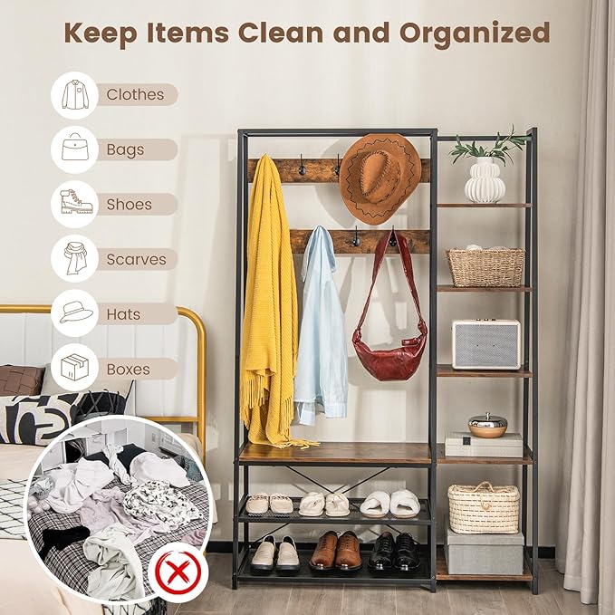 Giantex Coat Rack with Shoe Bench, Industrial Hall Tree with Storage Bench, 9 Hooks, 5 Side Shelves, Accent Large Shoe Rack Bench with Storage Shelf Hanging Bar for Entryway, Hallway (Rustic Brown)