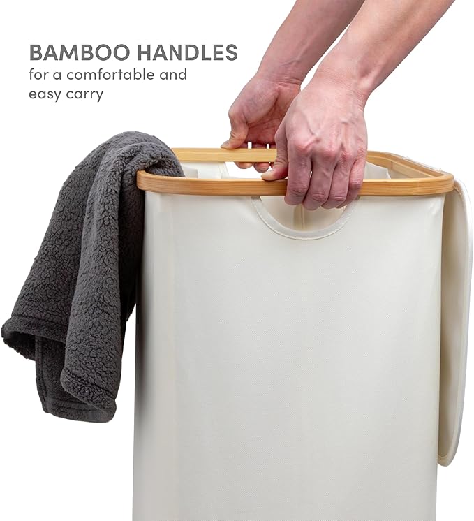 QUALIAZERO 87L Laundry Hamper with Lid – Single Section Bamboo Frame Hamper with Removable Inner Bag & Pull-Tab Cover, Slim Design for Bedroom, Bathroom, or Laundry Room (FEATHER CREAM, SINGLE)