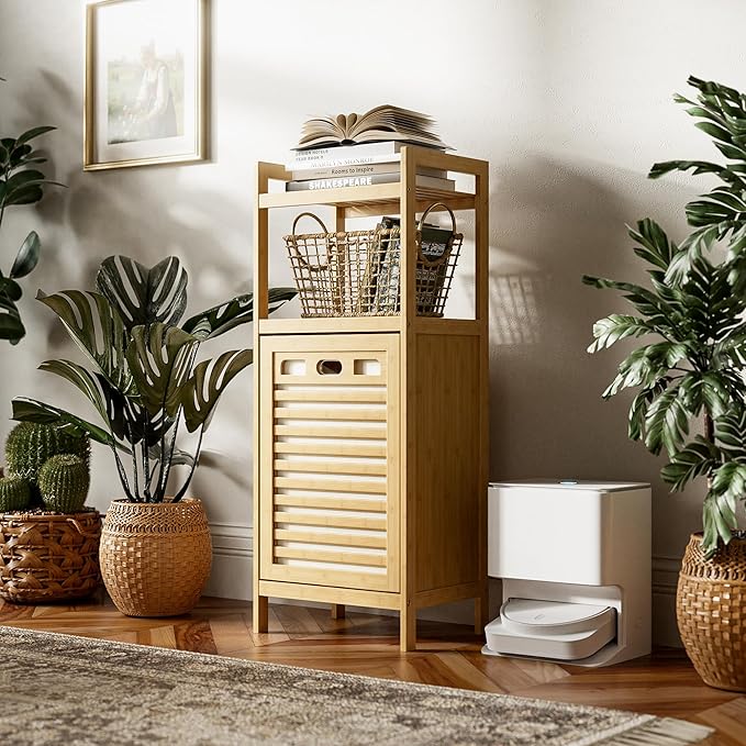 HITNET Tilt Out Laundry Hamper, Bamboo Laundry Basket with Foldable Bag and 2 Open Shelves, Freestanding Clothes Storage Organizer for Bedroom, Bathroom, Living Room, Natural