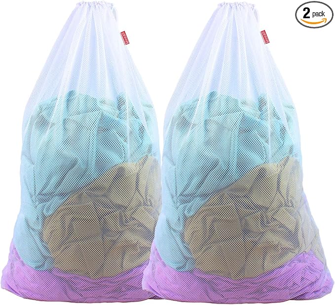 2 Pack Extra Large Mesh Laundry Bags Heavy Duty Mesh Wash Bags with Drawstring Closure for College, Dorm, Travel, Family and Apartment Dwellers, 27 x 36 Inches, White
