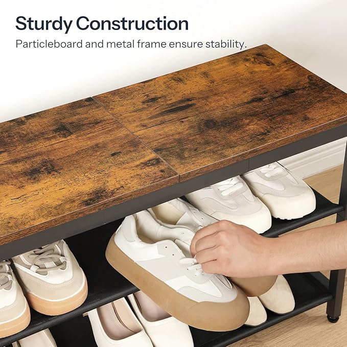 HOOBRO Shoe Bench, 3-Tier Shoe Rack Bench with Oxford Fabric Shelves, 29.5" L Shoe Storage Shelf Organizer, Entryway Bench Holds 6-8 Pairs of Shoes, Lightweight, Space-Saving, Rustic Brown BF77HX01