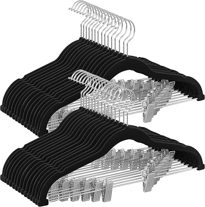SONGMICS 30 Pack Pants Hangers, 16.7 Inches Long Velvet Trousers Hangers with Adjustable Clips, Heavy-Duty, Non-Slip, Space-Saving for Pants, Skirts, Coats, Dresses, Tank Tops, Black UCRF12B30