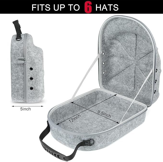 Hard baseball hat case, Hat Carrier Travel Case with Adjustable Shoulder Strap, Hat cap case for 6 Baseball Caps - Perfect for Traveling (Grey)