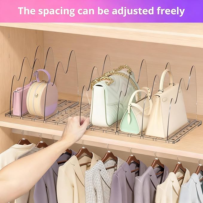 ANTOWIN 2 Pack Clear Purse Organizers for Closet, Adjustable Shelf Divider, Handbag Separators Storage Organizer, Shelf Divider in Bedroom, Office, Kitchen
