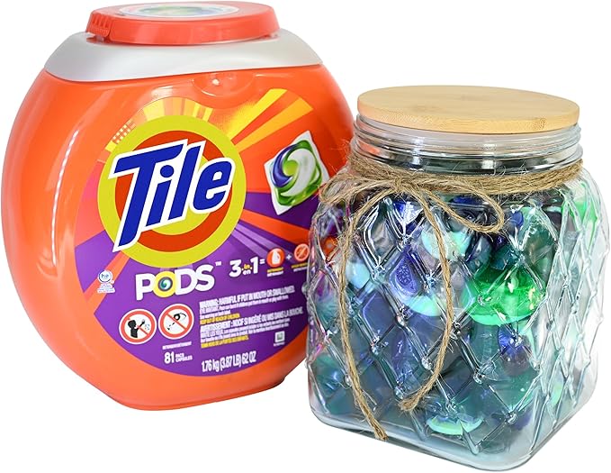Skywin TidyFriend Glass Laundry Pods Container, Laundry Containers with Lid, Laundry Room Organization Jars, Dishwasher Pods Container, Laundry Jars (Clear) (Jar with Ropes and Wooden Lid)