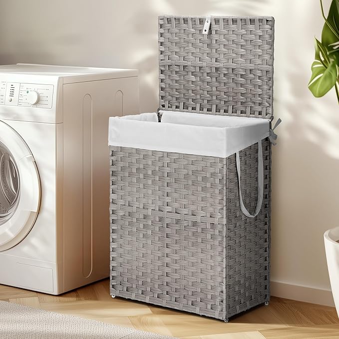 NEWBULIG Foldable Laundry Hamper with Lid, 23.8 Gallon (90L) Large Capacity Clothes Basket, Double Insert Storage Organizer Bin for Bedroom, Bathroom & Laundry Room, Grey