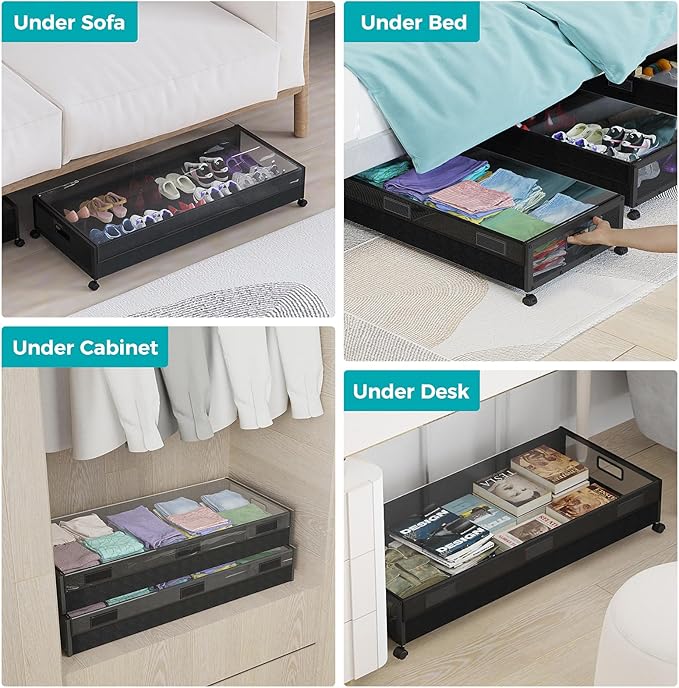oylik Large Under Bed Storage with Wheels, Metal Under Bed Storage Containers with Clear Lid, Handle, Rolling Under Bed Shoe Storage Drawers, Under Bed Storage Bins for Clothes Shoes Books, 2 Pack