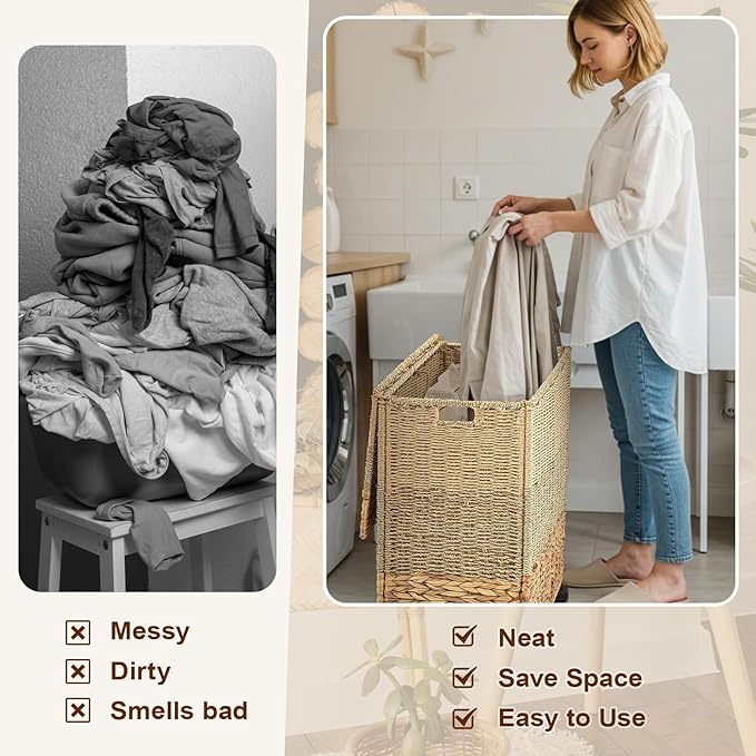 120 L Rolling Wicker Laundry Basket with Wheels Laundry Hamper with Lid Decorative Woven Hamper with Washable Removable Liner Bags and Handles for Clothes Natural Water Hyacinth (2 Sections)