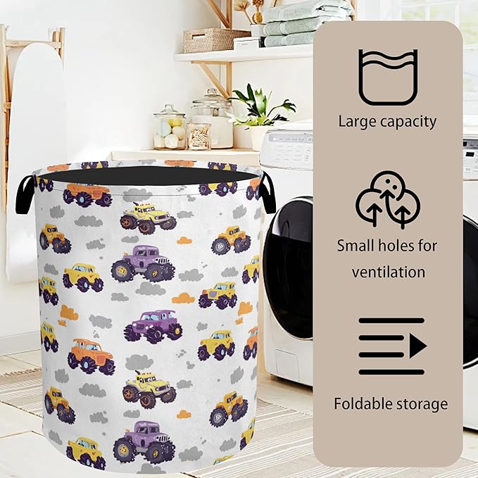Vehicle Pattern Foldable Canvas Laundry Basket with Handles - Toy Organizer, Heavy Duty for Home，Bedroom, Dorm, Bathroom