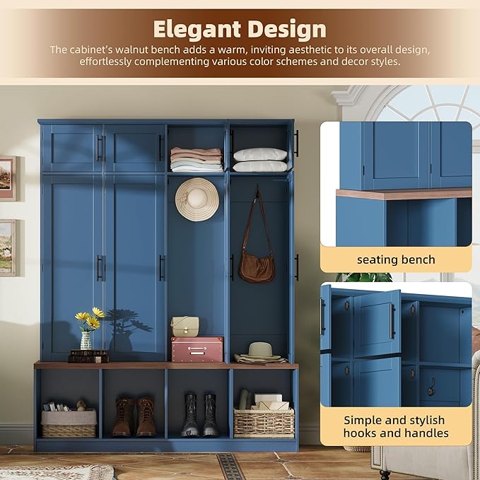 75" H Farmhouse Hall Tree with Storage, Versatile 4-in-1 Coat Hanger with 4 Hidden Hanging Hooks, 8 Doors, Entryway Shoe Cabinet with Open Compartments for Living Room
