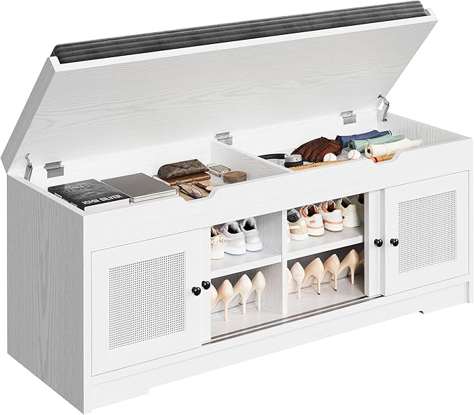 LIKIMIO 47.2" Shoe Bench with Lift Top Storage, Entryway Bench with Cushioned Seat, 2-Tier Rattan Shoe Cabinet with Adjustable Shelf, Storage Bench for Bedroom, Living Room, Hallway, White
