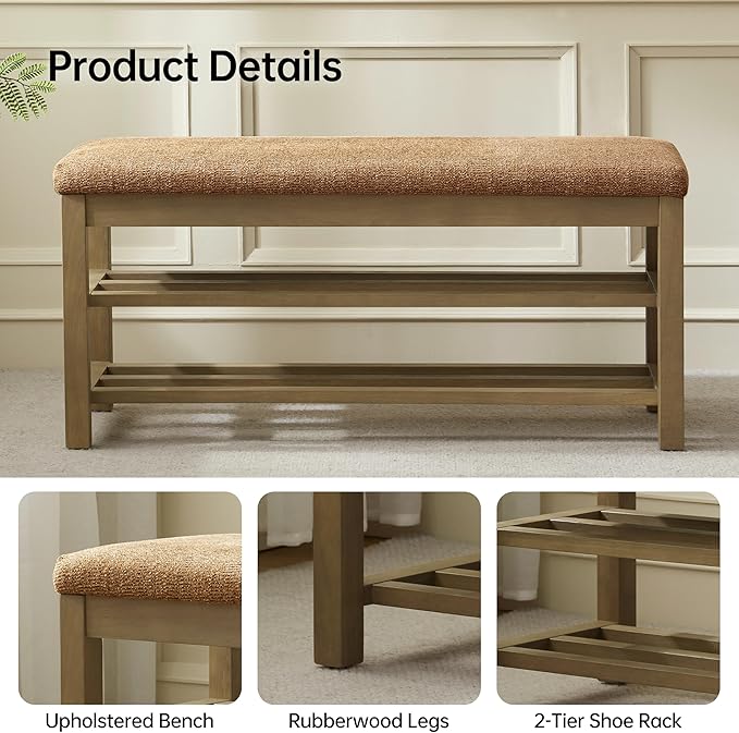 VKNOW Entryway Bench, 44.3” Upholstered Shoe Bench for Bedroom, 2-Tier Storage End of Bed Bench with Rubberwood Legs for Living Room, Hallway, Orange