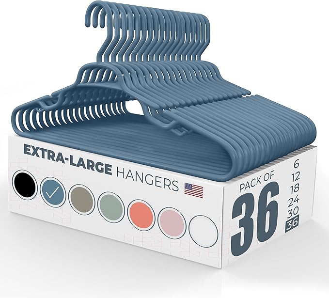 Neaties Large & Wide Heavy Duty Clothes Hangers 36 Pack – Made in USA – Ideal for Plus Size Clothing – 10lb Plastic Hangers with Notches for Oversized Adult Coats & Pants – Blue