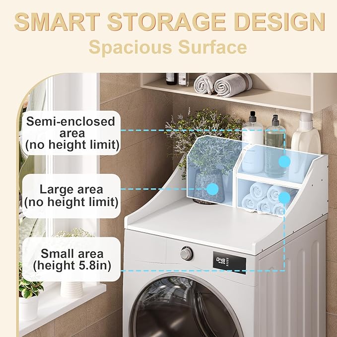 Washer Dryer Countertop Single, 27'' Wood Dryer Top Organizer 2-Tier Laundry Room Storage Shelf for Top of Washer and Dryer, White