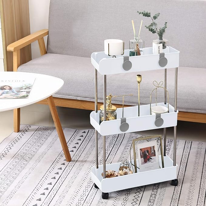 3-Tier Slim Mobile Shelving Unit on Wheels, Slide Out Rolling Bathroom Storage Organizer, Utility Carts Shelf Rack for Kitchen Bathroom Laundry Room Narrow Places, White