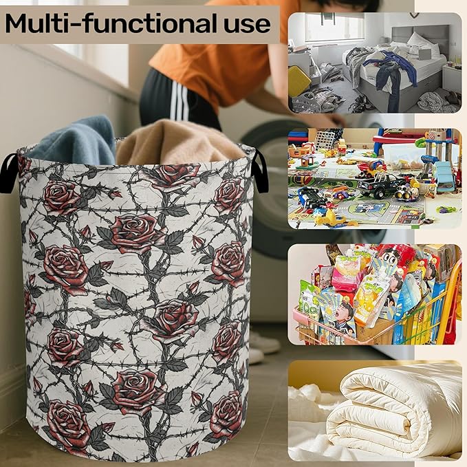 Gothic Thorn Rose Laundry Basket with Handles - Extra Large Foldable Hamper for Bathroom/Laundry/Bedroom/Dorm, Washable Fabric Storage Bin