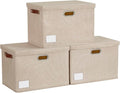 15" Large Collapsible Storage Bins with Lids, Stackable Closet Organizers with PU Handle and Labels, 3-Pack Decorative Fabric Storage Boxes for Home, Bedroom, Closet, Office, Nursery(Khaki)