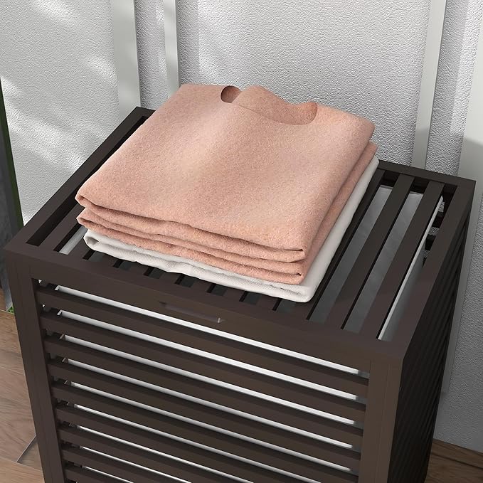HOMCOM Bamboo Laundry Hamper with Lid, Laundry Basket with Removable Liner Bag, Dirty Clothes Hamper, 19.75 x 14.25 x 23.5 Inches, Coffee