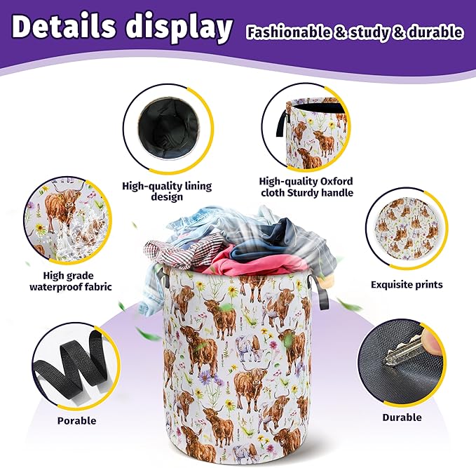 Cows Flowers Laundry Basket Foldable Oxford Cloth With Handle Portable Highland cattle Storage Basket Organizer Suitable For Laundry Room/Bedroom/Living Room/Children'S Room (18.9 X 16.5 Inch)