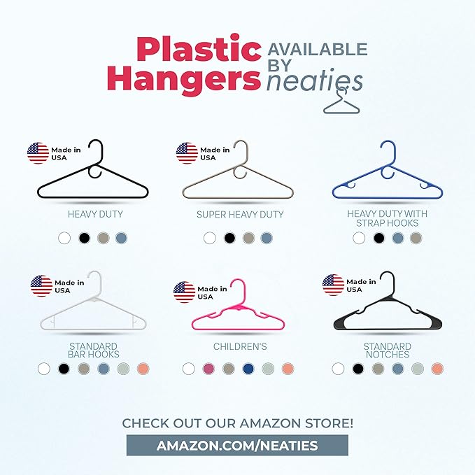 Neaties Plastic Hangers 150 Pack – Made in The USA – 6lb Capacity Standard Clothes Hangers with Strap Hooks for Dresses, Lingerie, Shirts, Pants, and Jackets – Pink