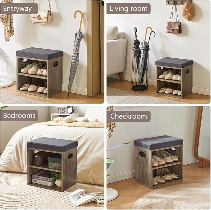 YMYNY Small Shoe Storage Bench with Cushion, 2 Tier Entryway Bench with Shoe Storage, Shoe Rack Bench for Entryway, Living Room, Hallway, Closet, Bedroom, 15.4L*11W*16.54H, Silver Gray UHBD028Y