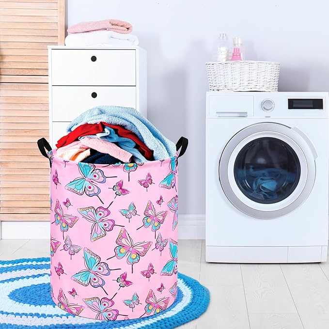 Round Pink Butterfly Laundry Basket Storage Bins Nursery Hamper Gift Baskets for Home,Office,Home Decor