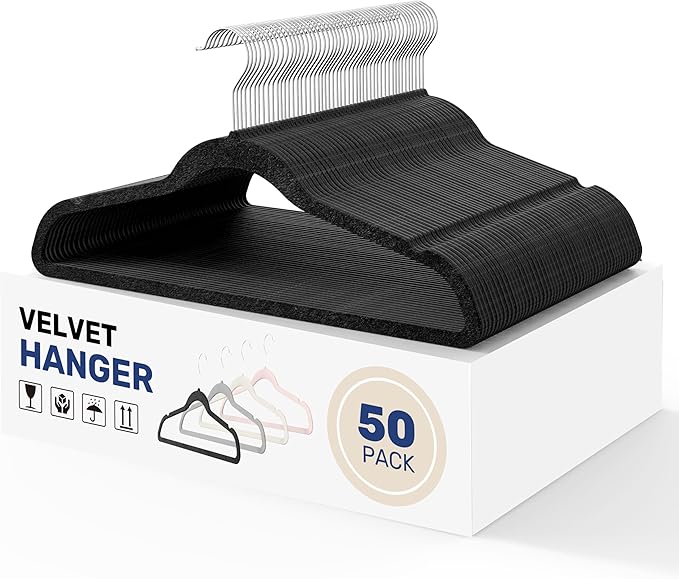 YSSOA 50 Packs Velvet Hangers, Non Slip Space Saving Suit Hangers, Heavy Duty Clothes Hangers with 360° Rotatable Hook for Coats, Pants, Black