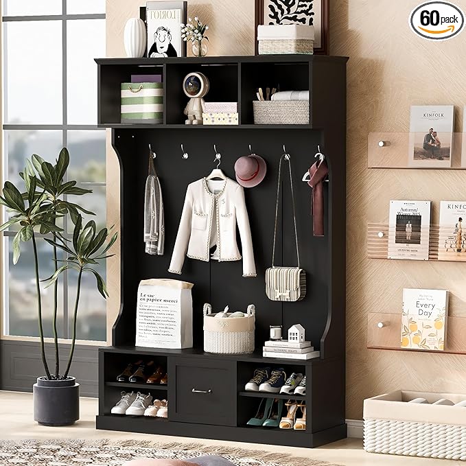 57''W Hall Tree with 6 Hooks and Storage Bench, 3-in-1 Design Wood Entrance Organizer, Entryway Coat Hanger with Open Compartments and A Spacious Drawer for Living Room Hallway (Black-2.9)