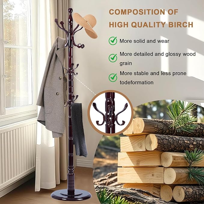 Solid Wood Coat Rack, Free Standing Hall Coat Tree with 14 Hooks, 3 Height Options, 300lbs Load, Stury Base, Clothes Rack for Entryway, Hallway, Bedroom (Disc Base - Ruyi)