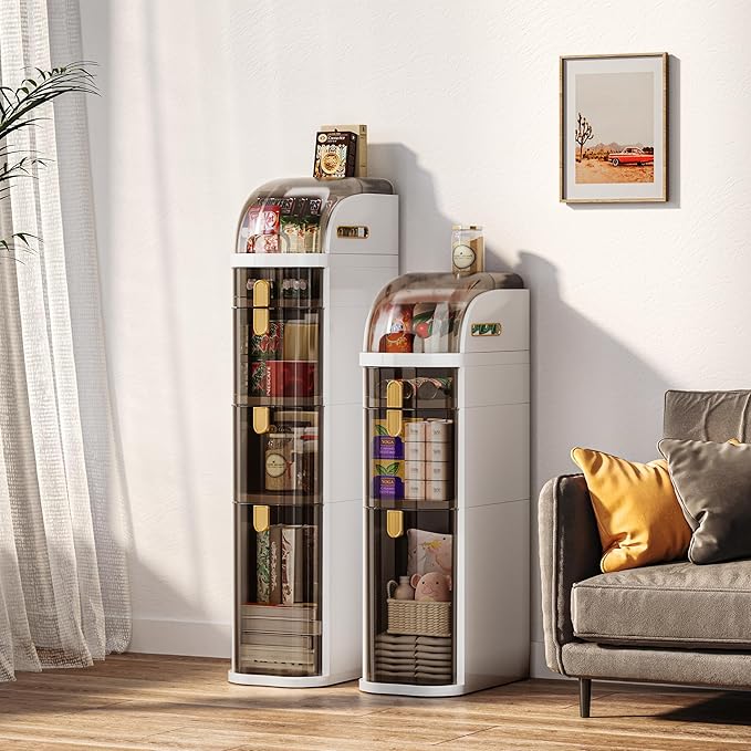 4-Tiers Slim Bathroom Storage Cabinet with Drawers & Tissue Box,Plastic Narrow Rolling Bathroom Tower Cart Waterproof & No Installation for Small Spaces Kitchen Laundry Living Room