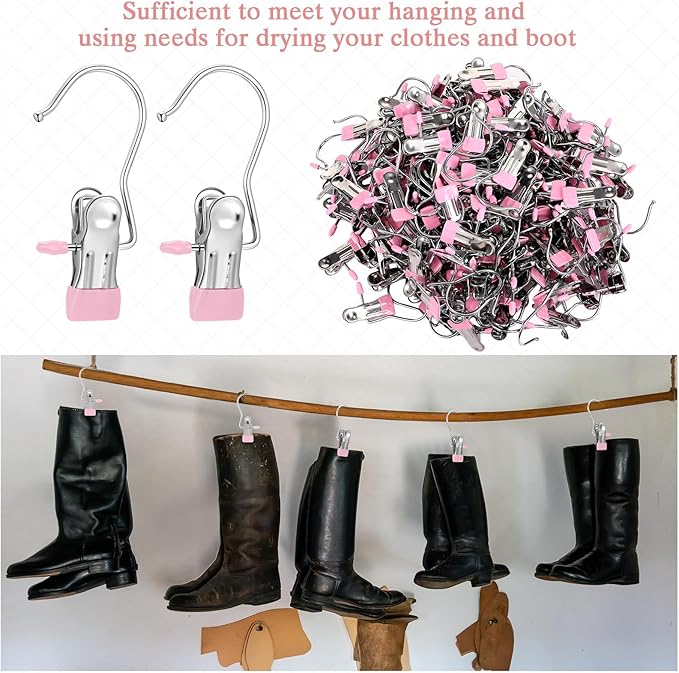 150 Pcs Boot Hangers Clips Laundry Hooks Hanging Stainless Steel Clothes Pins Portable Clip Hangers for Closet Travel Socks Pants Handbags Hats Towels (Pink)