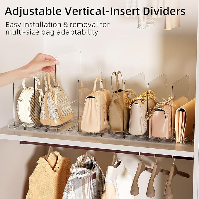 Stackable Bag & Purse Organizer for Closet Acrylic Shelf Dividers for Closet Organization, Clear Handbag Purse Storage Organizer Divider, Keep Clutch, Wallet, Pocketbook Upright, 6 Pack
